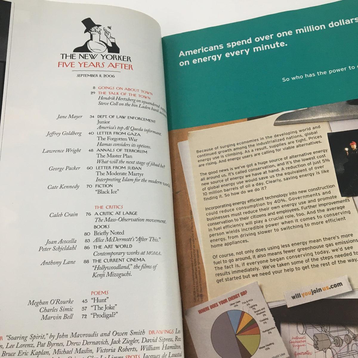 Interior page of The New Yorker September 11, 2006 displaying a table of contents and articles, reflecting post-9/11 cultural themes.