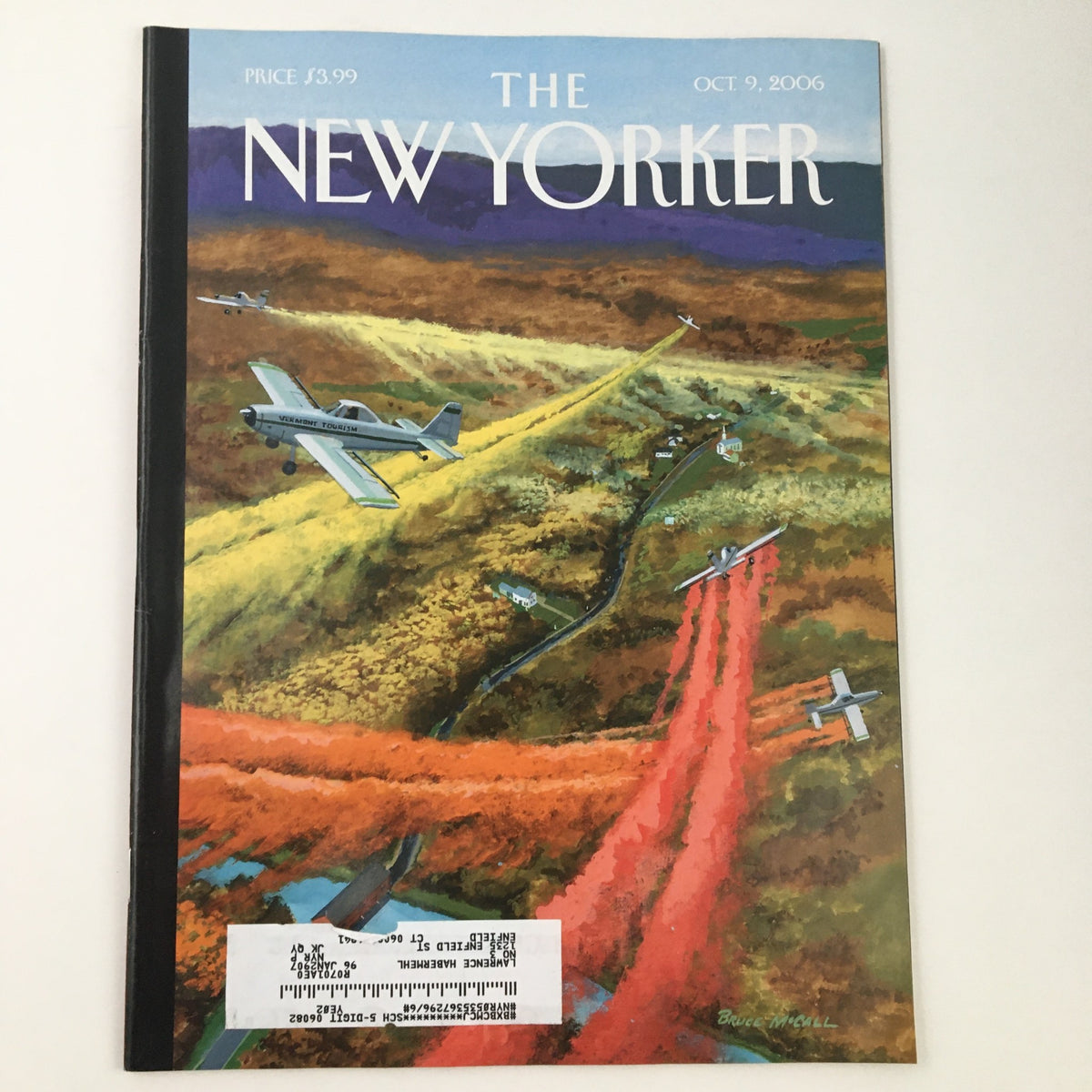 Cover of The New Yorker, October 9, 2006, featuring vibrant landscape artwork by Bruce McCall, depicting planes flying over a colorful terrain.