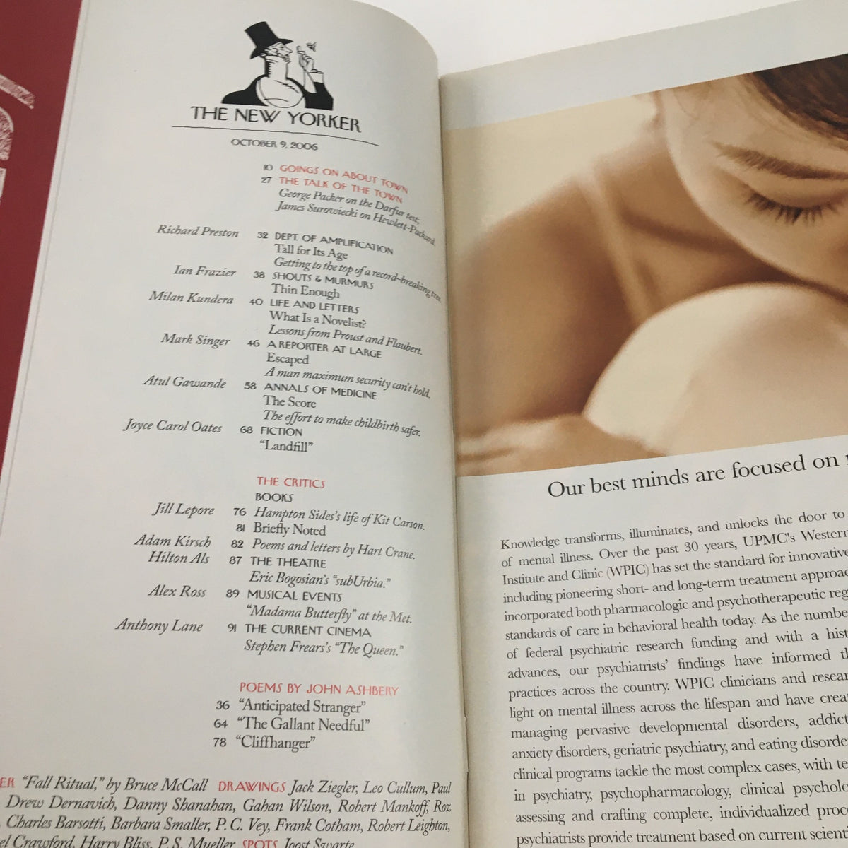 Interior page of The New Yorker magazine from October 9, 2006 featuring contents and illustrations, showcasing the magazine's commitment to literature and art, related to the collectible issue with cover art by Bruce McCall.