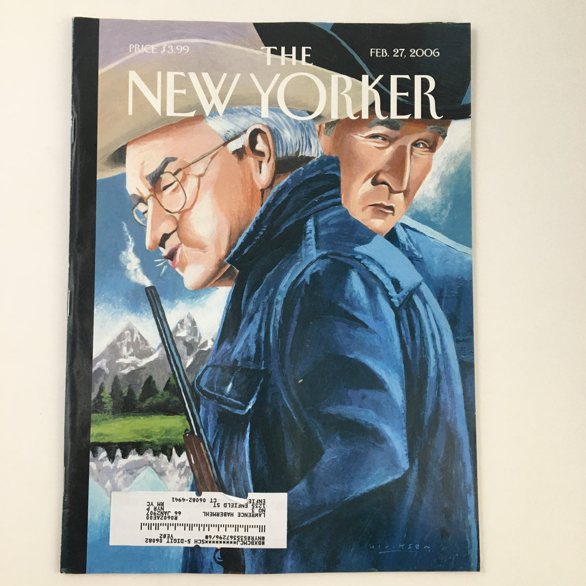 The New Yorker February 27 2006 magazine cover art by Mark Ulriksen featuring two men in cowboy hats, symbolizing Western themes and story-telling.