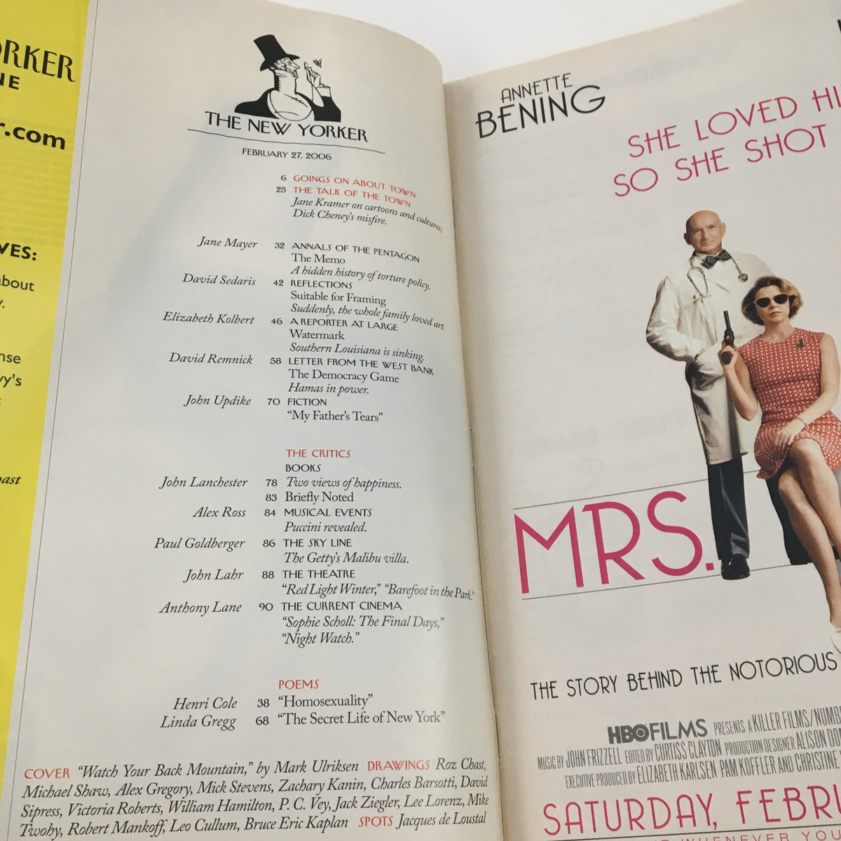 Interior page of The New Yorker February 27 2006 issue showcasing the table of contents with article titles and contributors including Annette Bening and Anthony Lane.