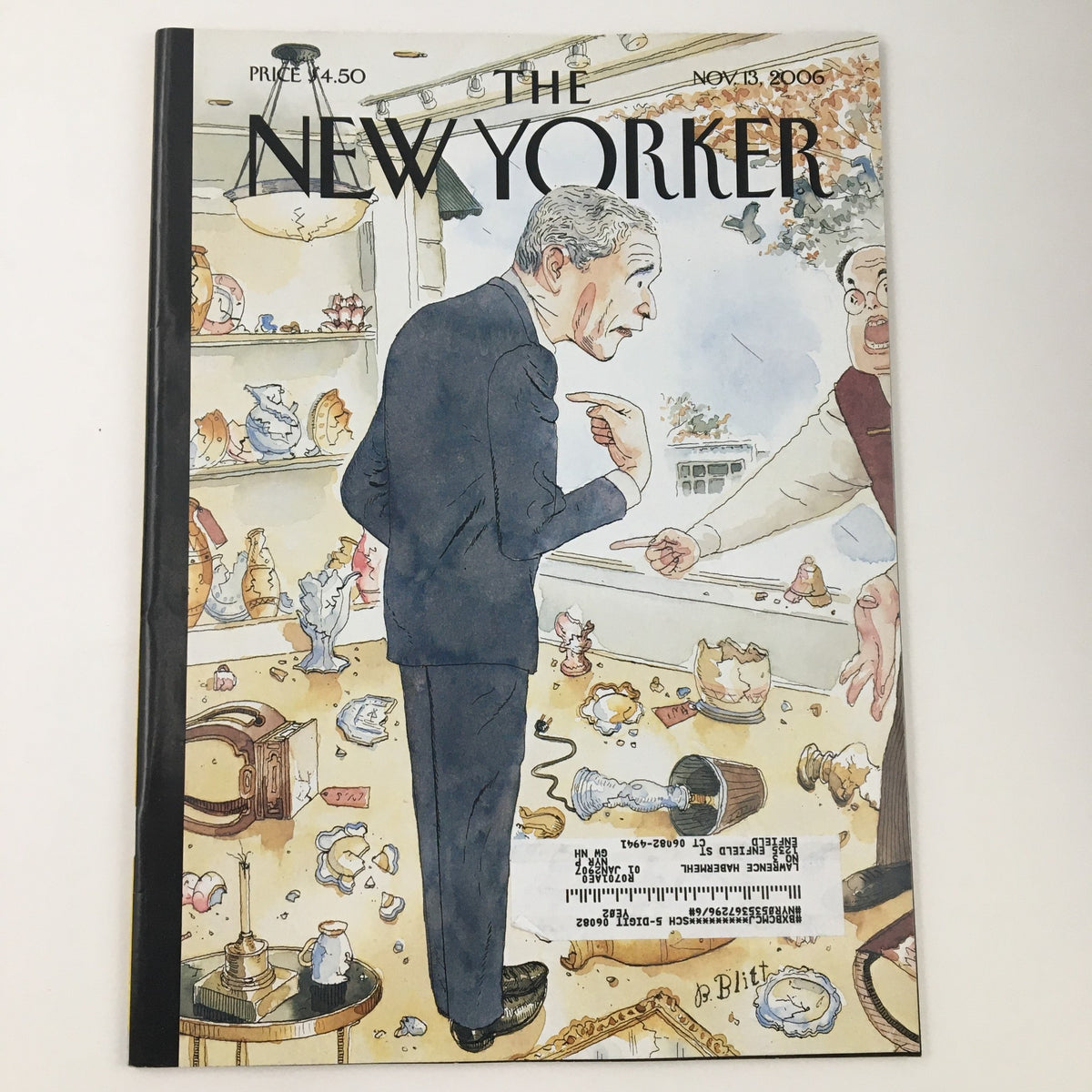 The New Yorker November 13 2006 Full Magazine Cover Art by Barry Blitt featuring a whimsical illustration of a man engaged in conversation amid a collection of delicate porcelain figurines.