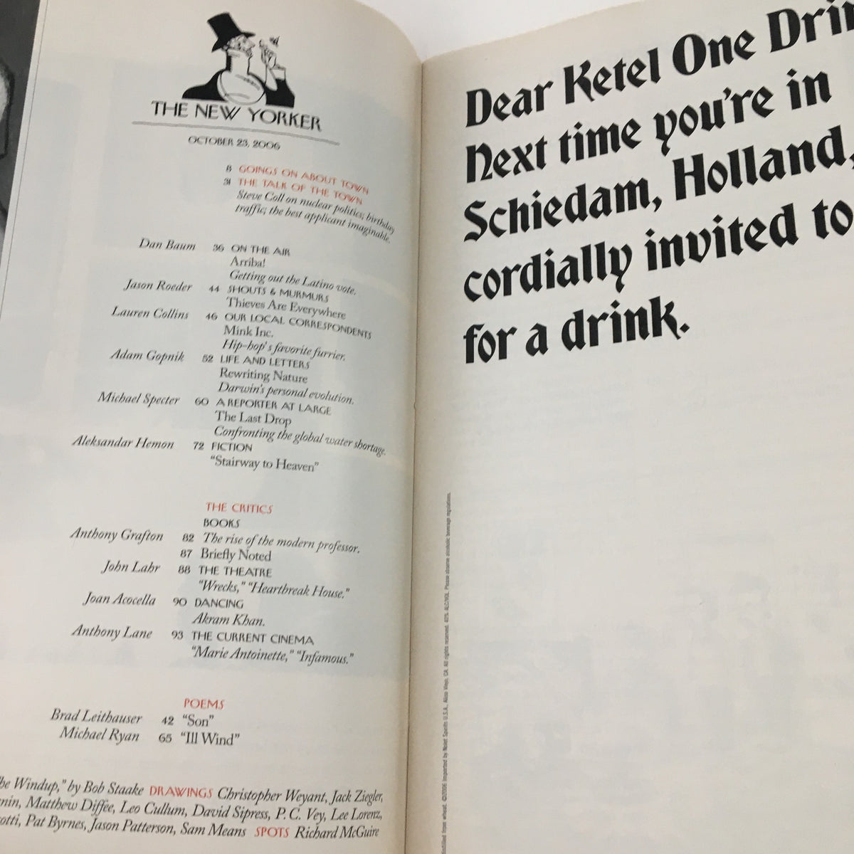 Interior page of The New Yorker October 23 2006, displaying the contents section with listings of articles, poems, and drawings, emphasizing the magazine's literary richness.