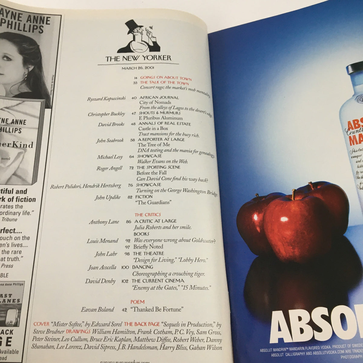 Interior page of The New Yorker March 26, 2006, showing the table of contents alongside an advertisement with a striking image of red apples, exemplifying the magazine's blend of culture and marketing.