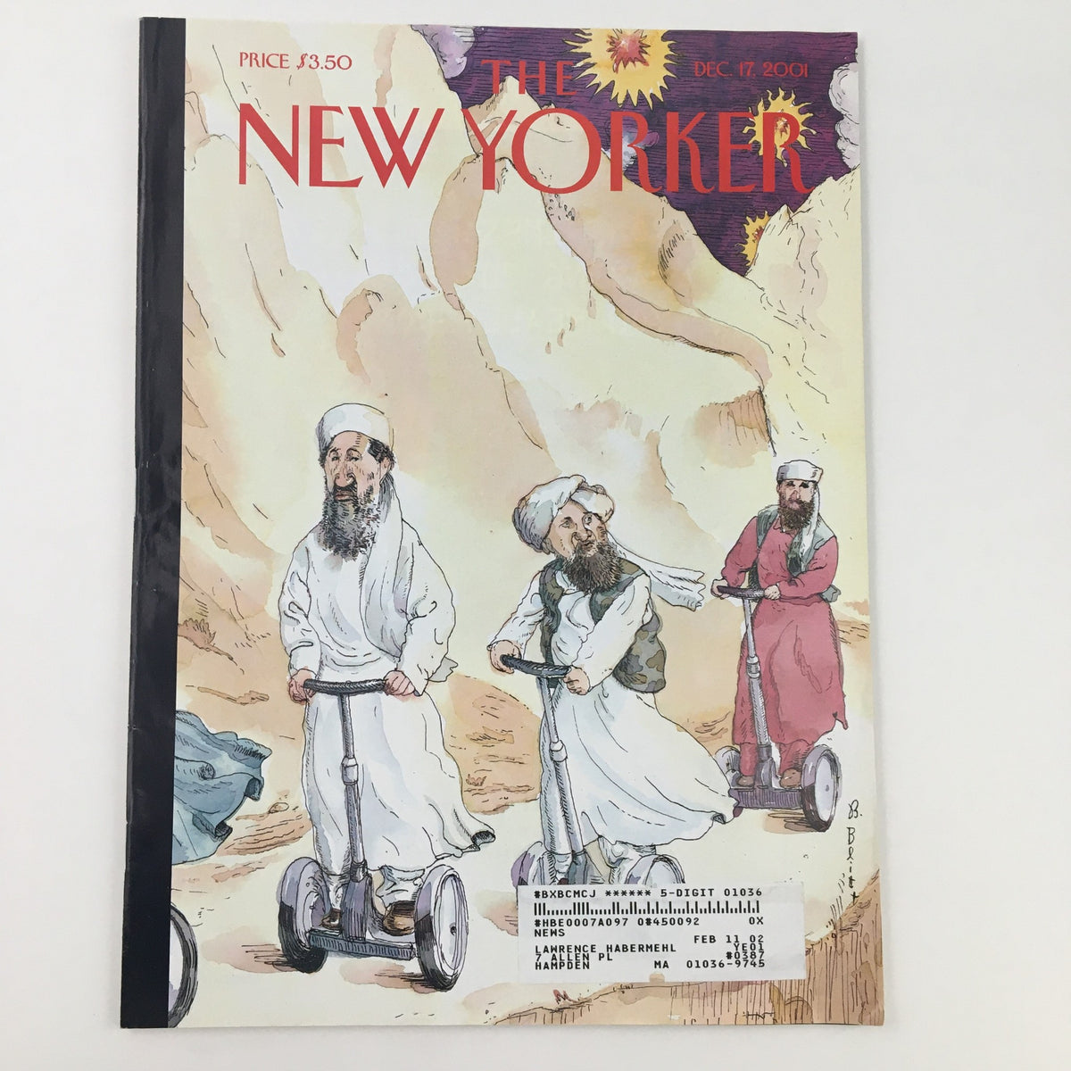 Cover art of The New Yorker December 17, 2001 issue featuring a whimsical illustration by Barry Blitt, depicting characters on segways in a desert landscape.