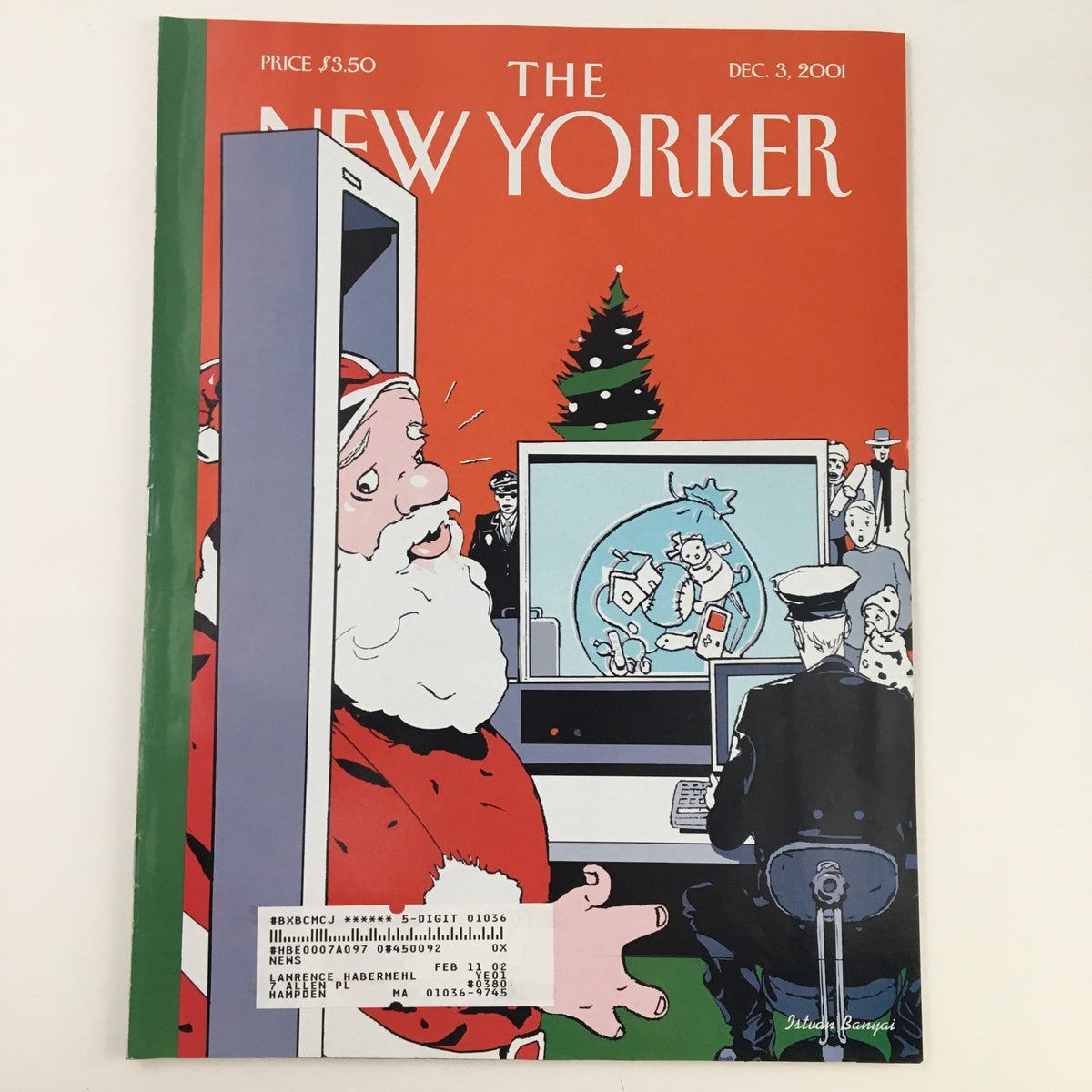 Cover of The New Yorker December 3, 2001 featuring humorous Santa illustration and Christmas tree, designed by Istvan Banyai.