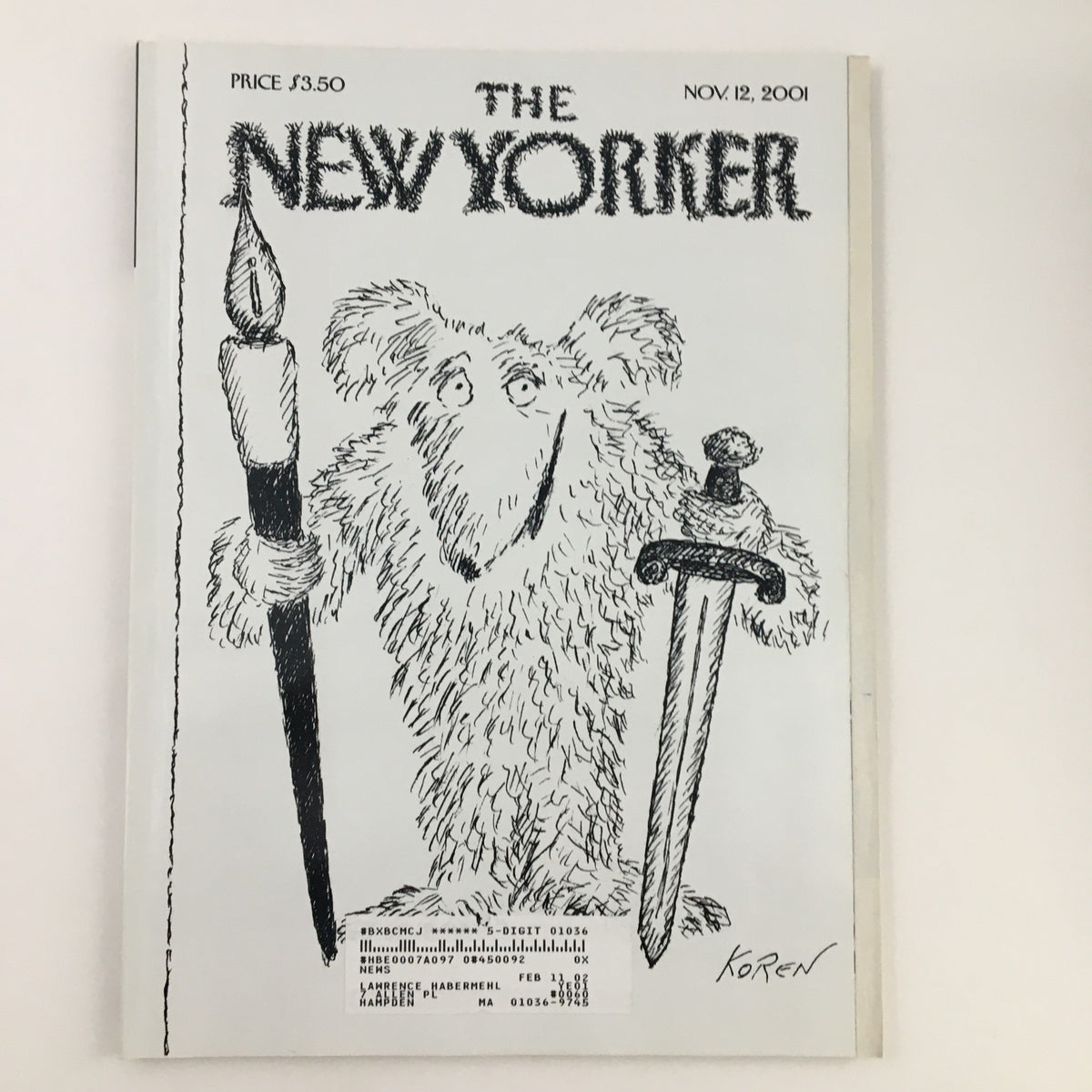 Cover of The New Yorker November 1, 2001 featuring iconic cover art by Edward Koren, depicting a whimsical creature holding a paintbrush and sword.