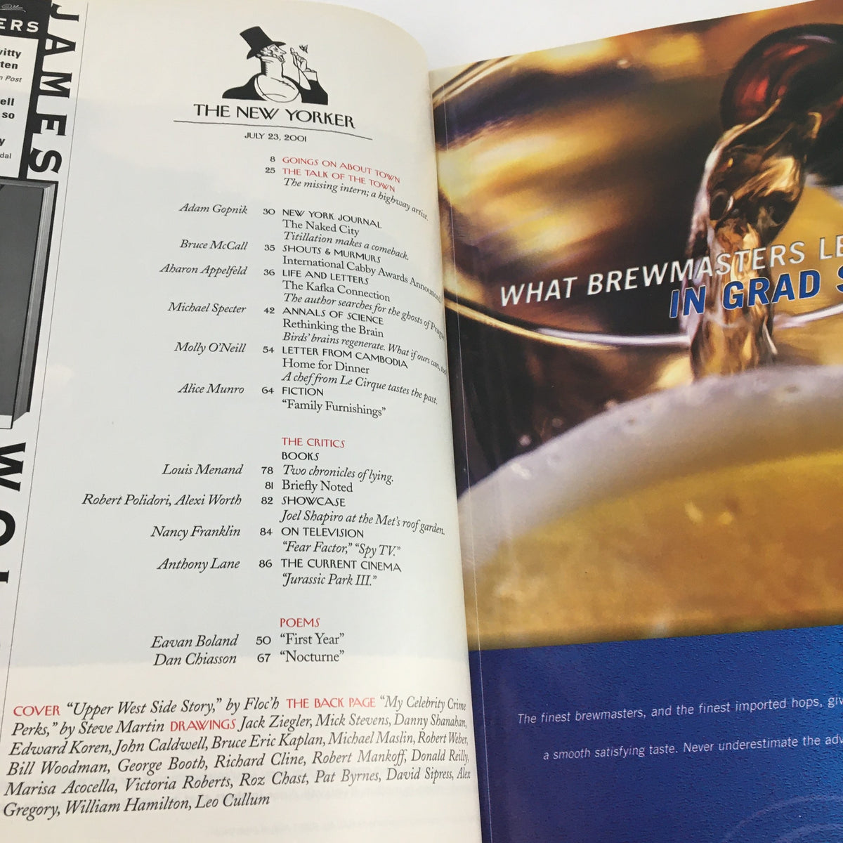 Interior page of The New Yorker July 23, 2001 magazine displaying the table of contents, highlighting articles and contributors relevant to the issue.