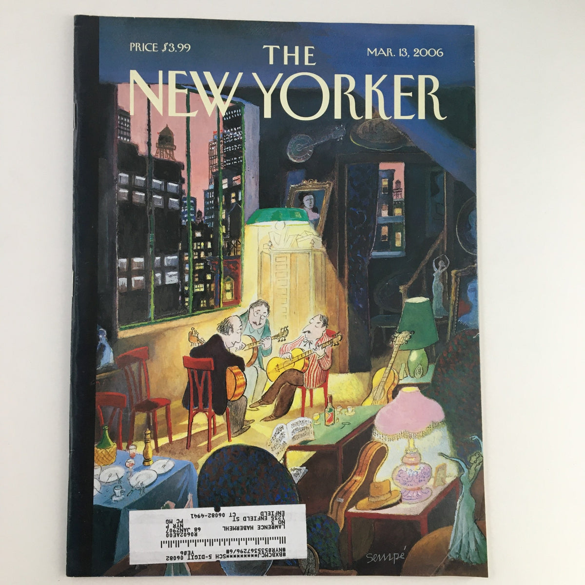 Cover of The New Yorker March 13 2006 featuring cover art by Jean-Jacques Sempé, depicting a cozy scene with musicians in a New York City setting.