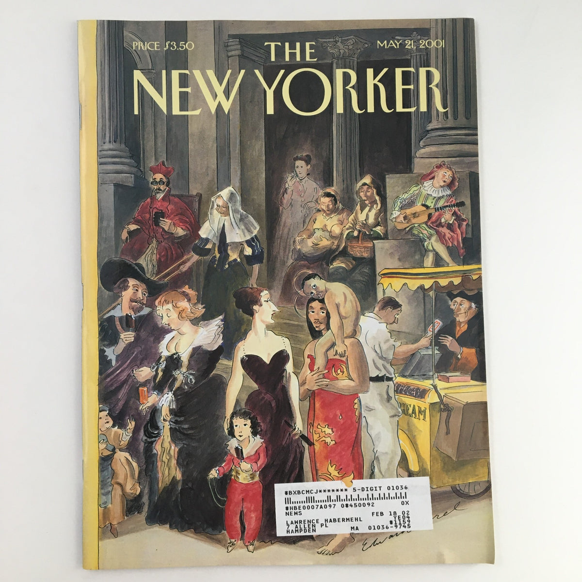 The New Yorker Magazine May 21 2001 Theme Art Cover by Edward Sorel, featuring a colorful illustration of various characters in a historical setting, showcasing Edward Sorel's artistic style.