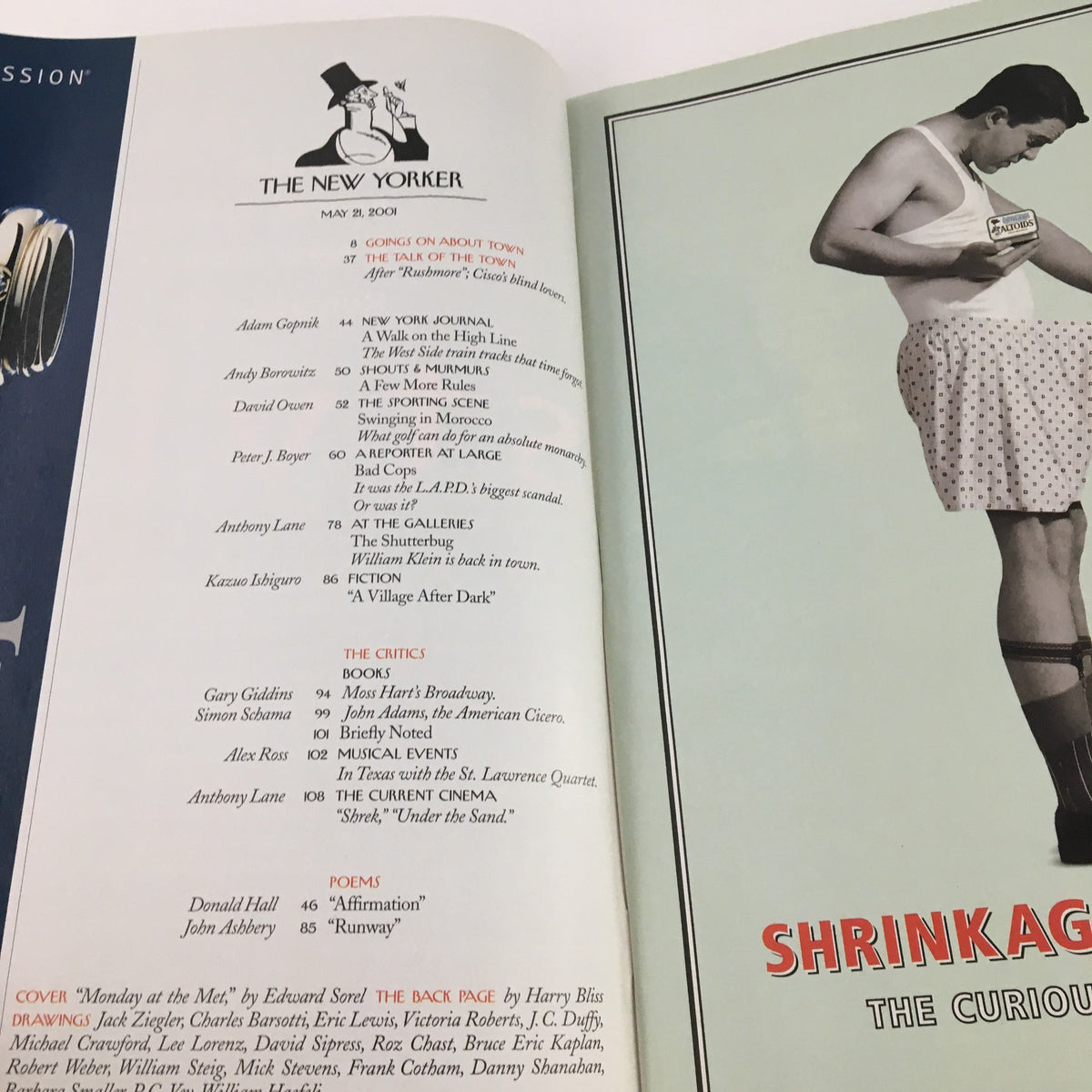 Interior pages of The New Yorker Magazine May 21 2001, displaying the publication's table of contents and literary contributions including critiques and poems, highlighting the magazine's diverse content.