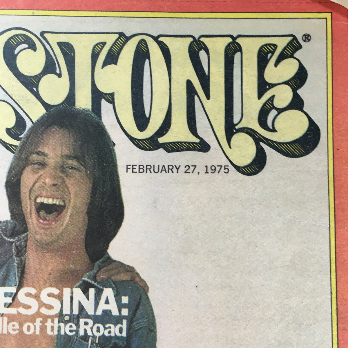Detail of the vintage Rolling Stone magazine cover dated February 27, 1975, highlighting Jim Messina's expressive portrait. Features the iconic magazine layout associated with classic rock history.