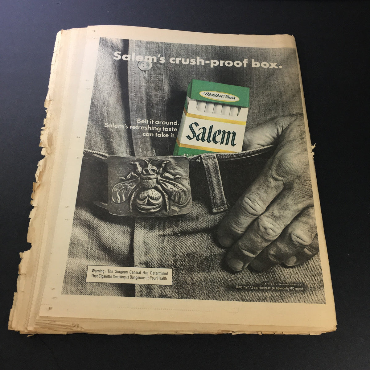 Inside page of the vintage Rolling Stone magazine from February 27, 1975, featuring an advertisement for Salem cigarettes. Reflects the advertising style of the 1970s era, enhancing the magazine's nostalgic appeal.