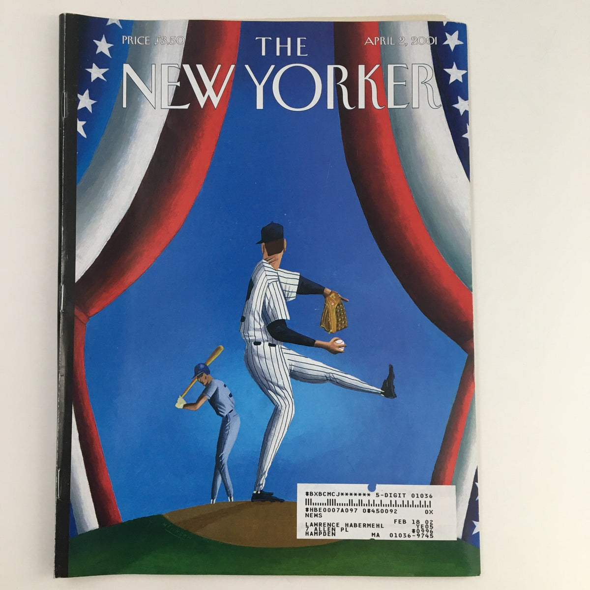 The New Yorker Magazine April 2 2001 Theme Art Cover by Mark Ulriksen featuring a baseball pitcher in action against a colorful backdrop.