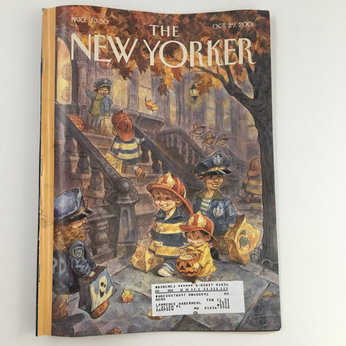 Cover of The New Yorker Magazine from October 29, 2001 featuring whimsical art by Peter de Sève, showcasing children in Halloween costumes on a colorful autumn day.