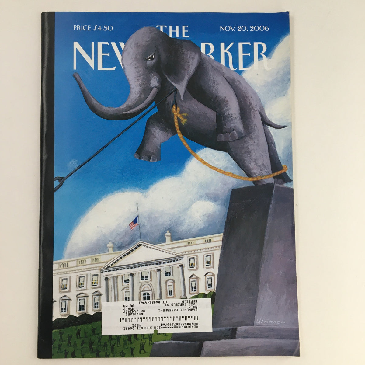 The New Yorker Magazine November 20 2006 Theme Art Cover by Mark Ulriksen featuring an elephant statue in front of a building, showcasing vibrant artwork.