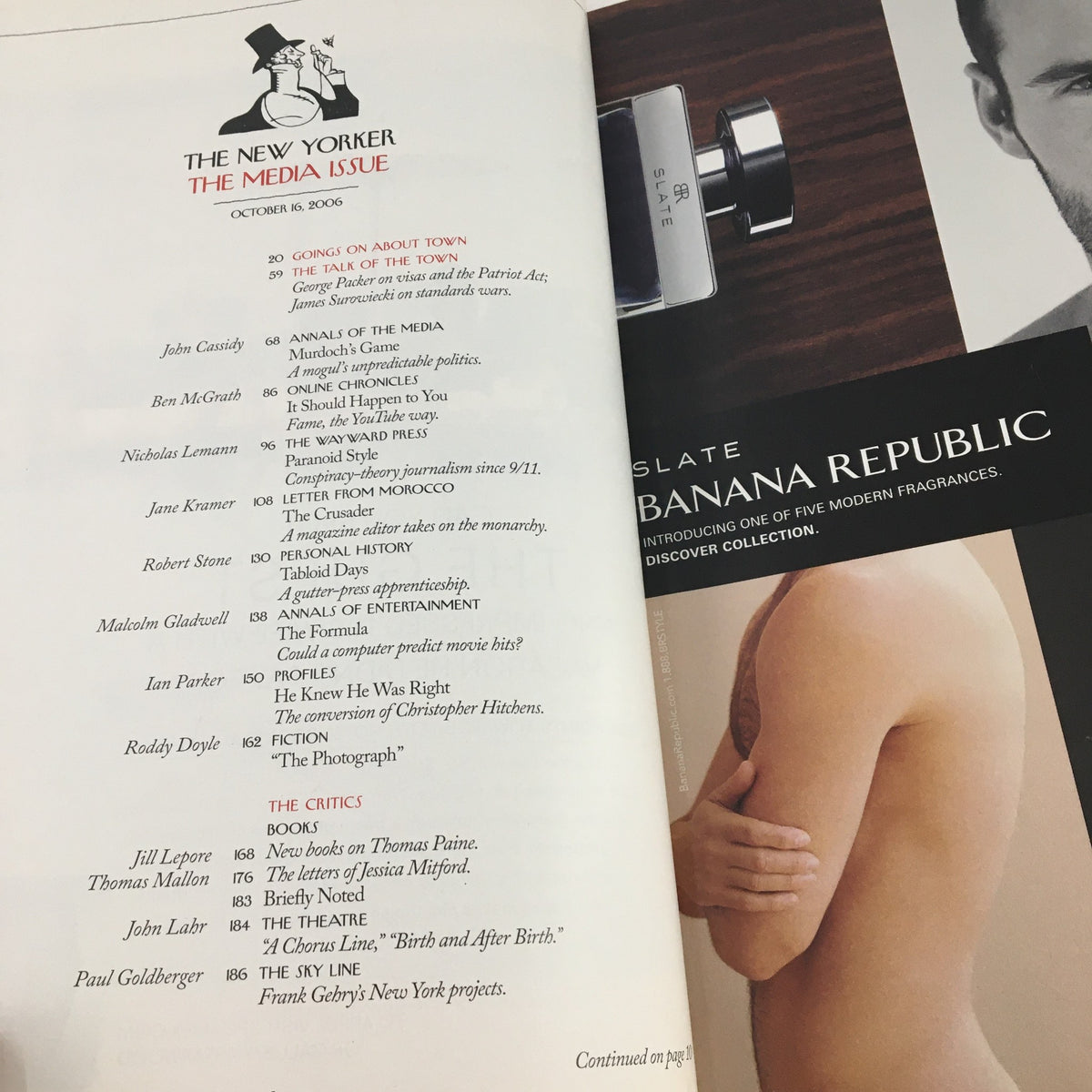 Inside page of The New Yorker Magazine October 16 2006 displaying the table of contents for the Media Issue, featuring notable contributors and articles.