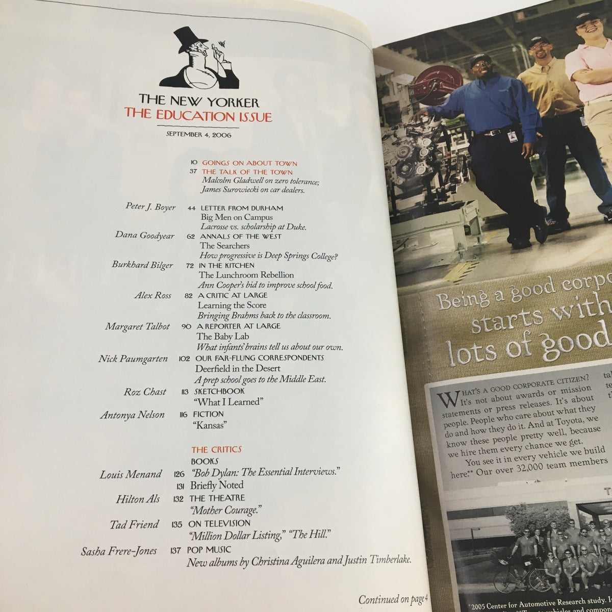 Interior page of The New Yorker Magazine September 4, 2006, displaying the contents of the Education Issue including articles by various authors.