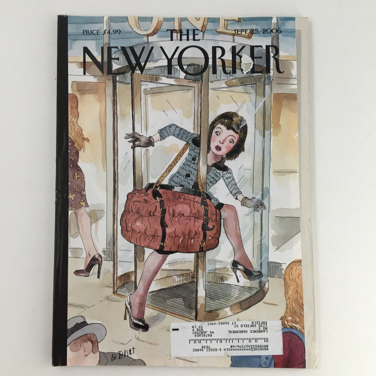 The New Yorker Magazine September 25, 2006 cover featuring artwork by Barry Blitt, depicting a character exiting an elevator and holding a large handbag, showcasing the unique artistic style of the issue.