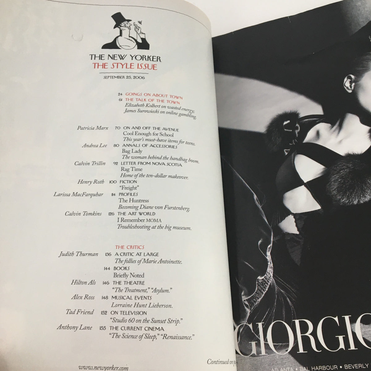 Inside page of The New Yorker Magazine September 25, 2006, displaying the table of contents and contributors, highlighting key articles and features in this iconic issue.