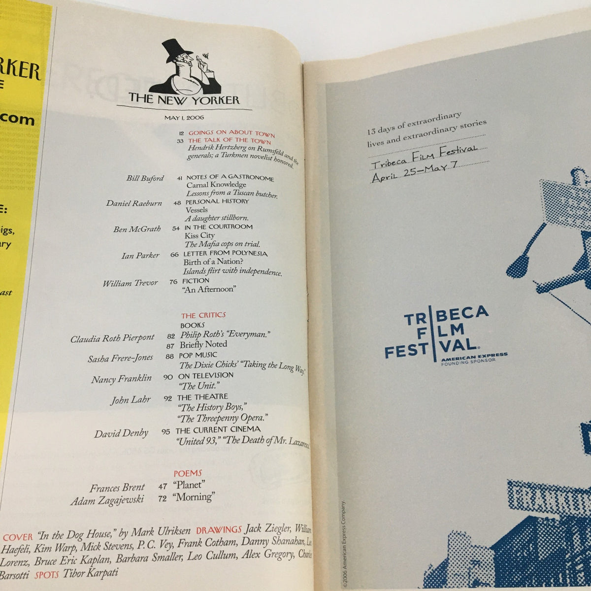 The New Yorker Magazine May 1 2006 interior page featuring the table of contents and event listings for the Tribeca Film Festival.