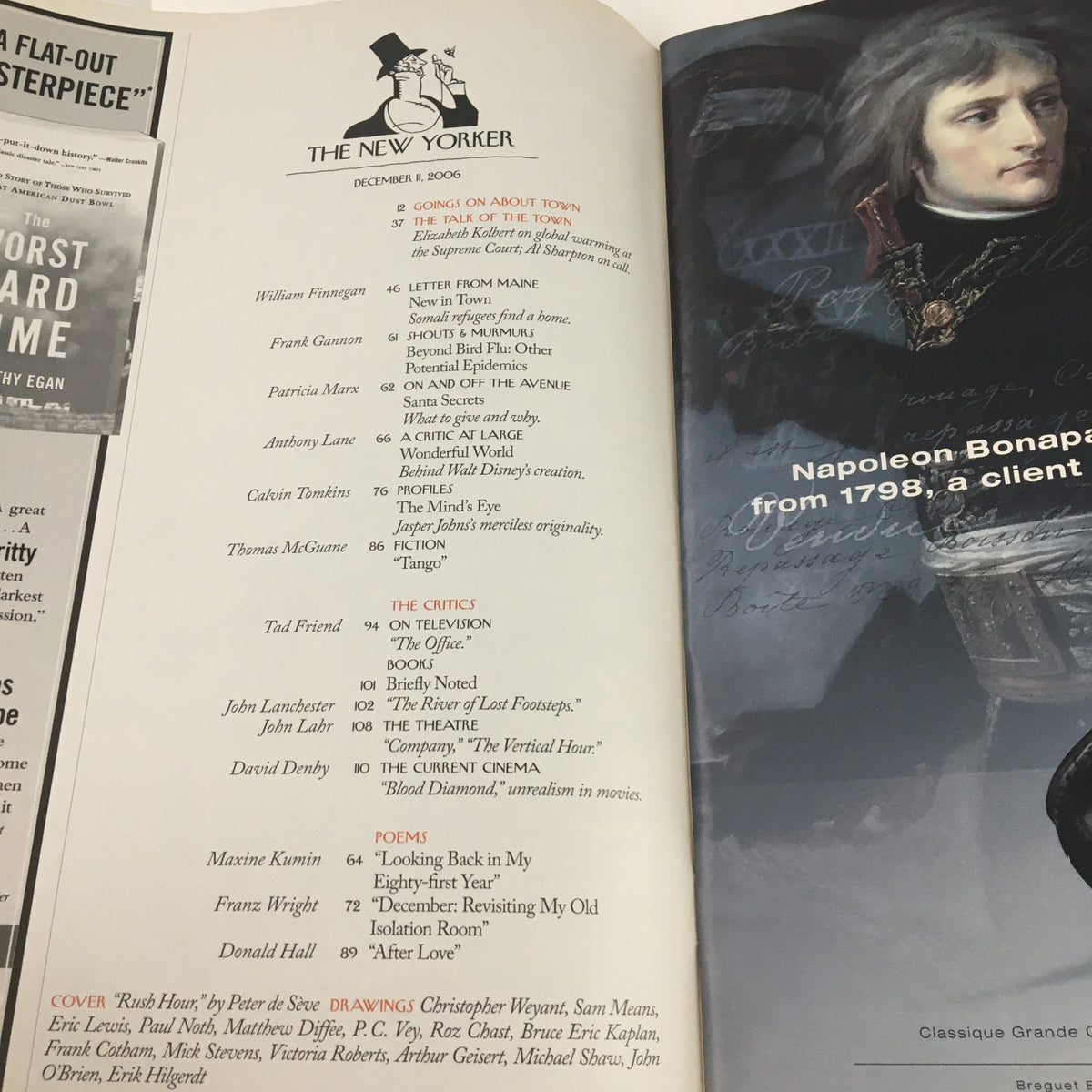 Inside page of The New Yorker Magazine December 11, 2006, displaying table of contents, including article titles and contributors, enhancing the magazine's literary appeal.