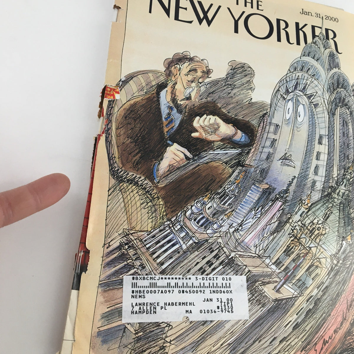 Close-up view of The New Yorker Magazine January 31 2000 cover with an address label, highlighting details of the artwork by Edward Sorel.