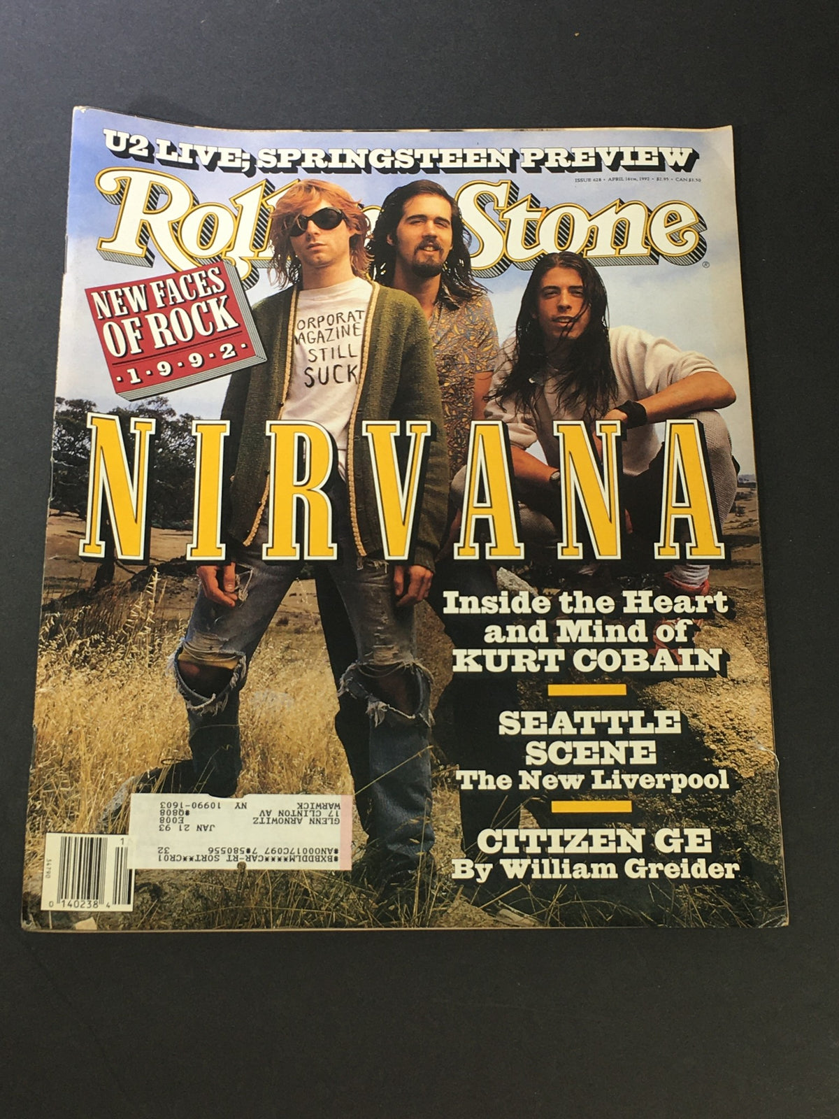 Cover of the vintage Rolling Stone Magazine dated April 16, 1992, featuring Nirvana and Kurt Cobain, reflecting the grunge music revolution.