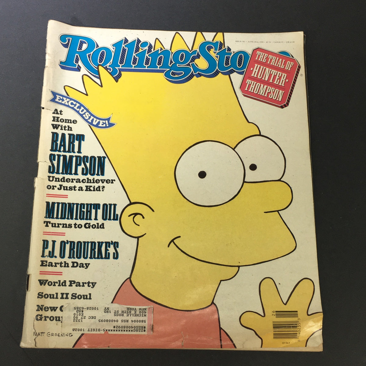 Cover of VTG Rolling Stone Magazine June 28 1990 featuring Bart Simpson, highlighting articles on P.J. O'Rourke and the cultural relevance of the early '90s.