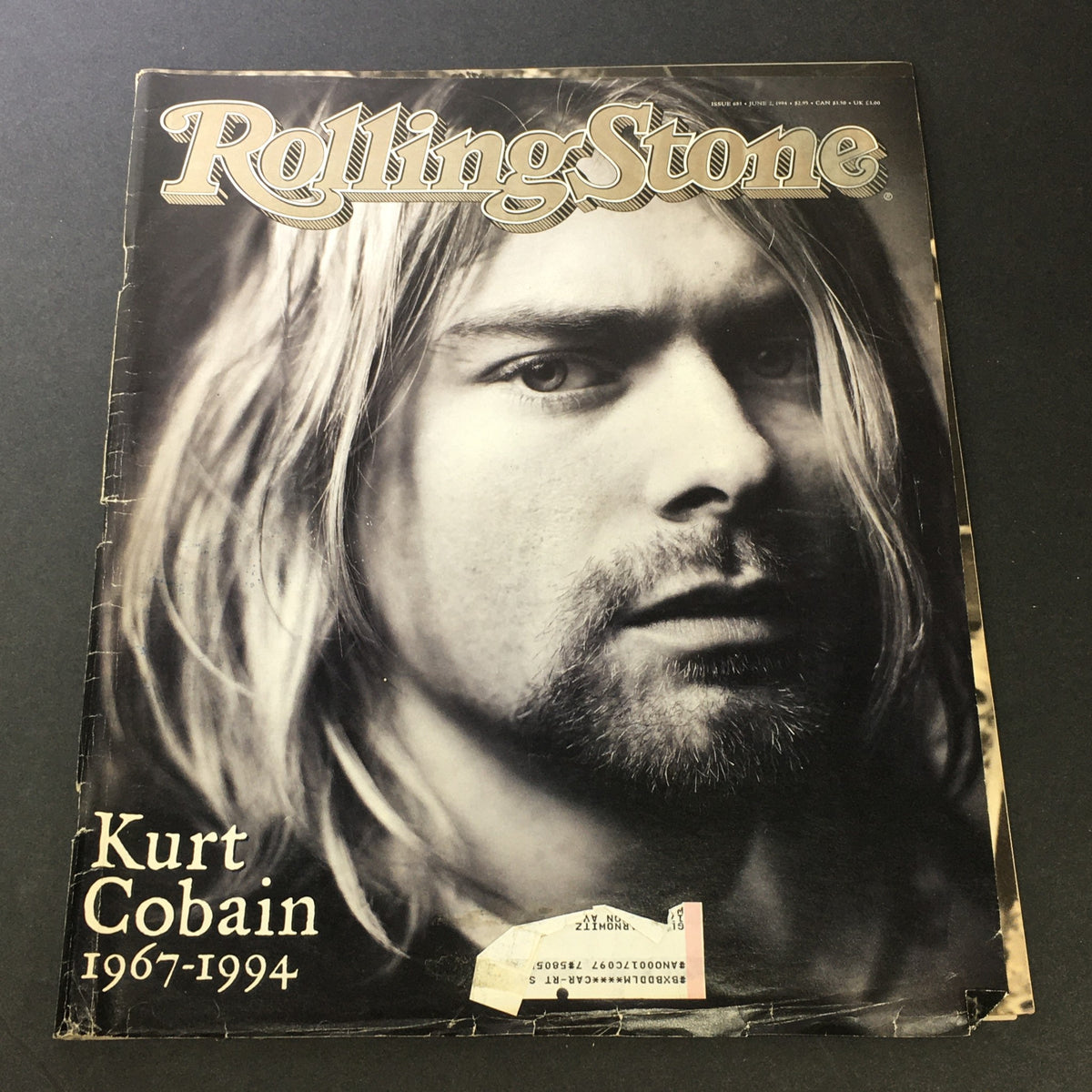 Vintage Rolling Stone Magazine cover from June 2, 1994, featuring Kurt Cobain with the text 'Kurt Cobain 1967-1994' prominently displayed.