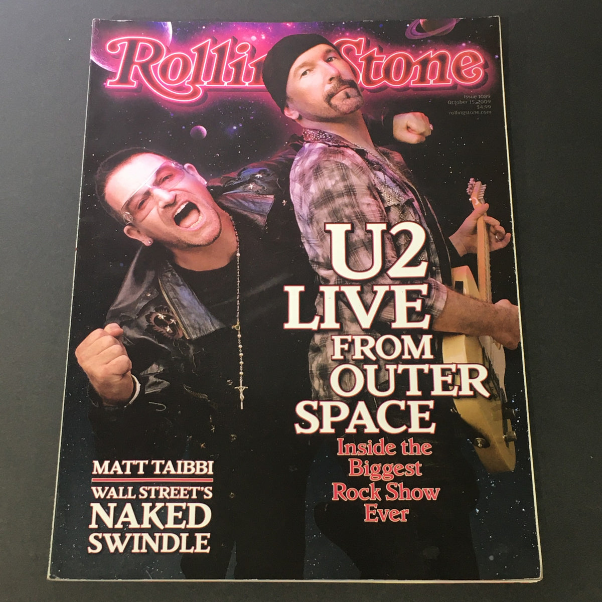 Rolling Stone Magazine cover from October 15, 2009 featuring U2, with the title 'U2 Live from Outer Space' and commentary by Matt Taibbi, showcasing an iconic moment in music history.