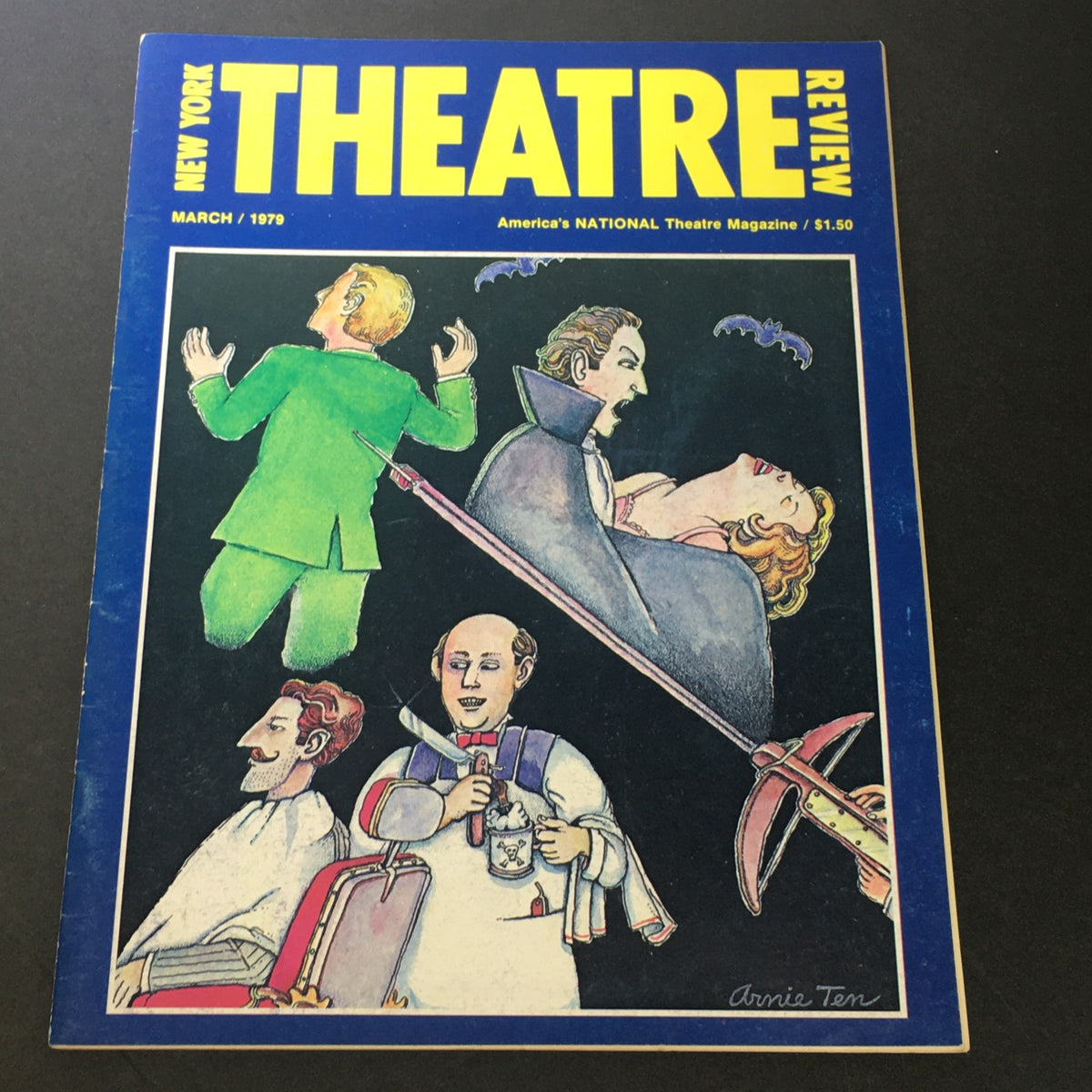 Cover of VTG New York Theatre Review Magazine March 1979 featuring a vibrant illustration by Arnie Ten, showcasing various theatrical characters in a whimsical design with bold colors.