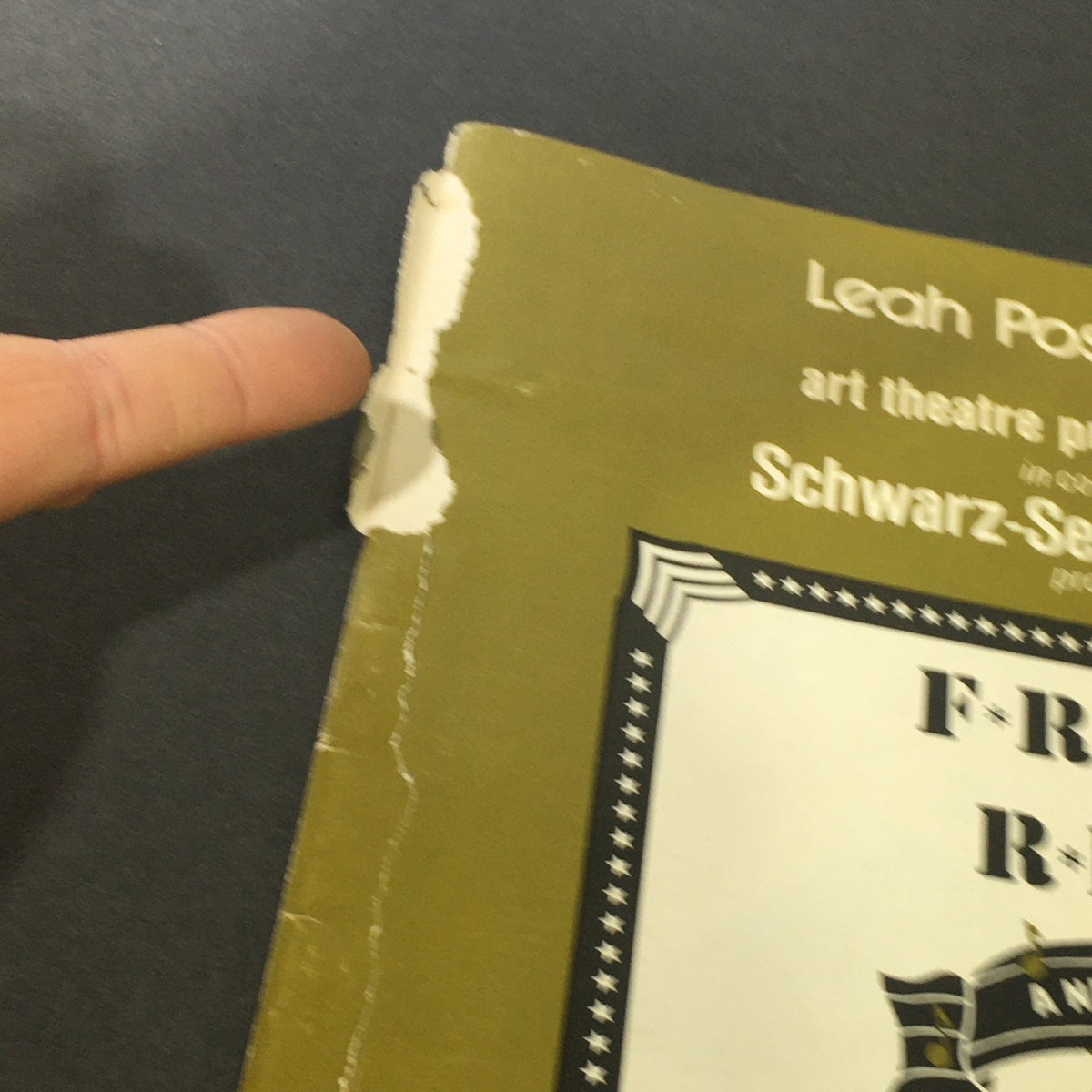 Close-up of the damaged cover of the VTG Front and Rear Music Magazine October 21-November 13 1989 - Patrick Rose, showcasing the edge wear.