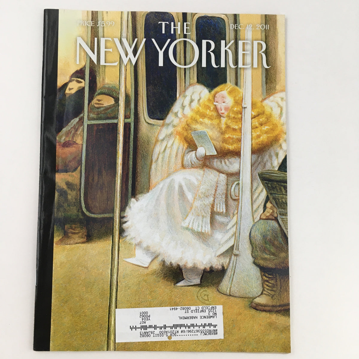 Cover of The New Yorker Magazine from December 12, 2011, featuring a theme art illustration by Carter Goodrich, depicting a serene scene in a subway with an angelic figure reading, showcasing the magazine's unique artistry.