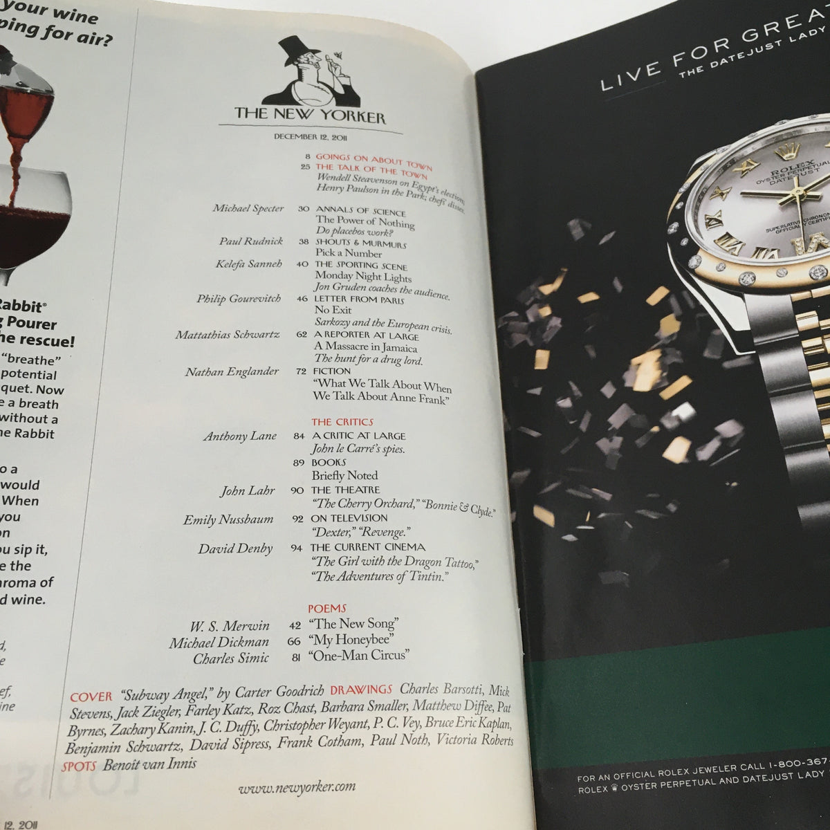 Inside page of The New Yorker Magazine December 12, 2011, featuring the Table of Contents with article titles and authors, showcasing the magazine's literary contributions and cultural commentary. The page includes a beautiful artwork by Carter Goodrich, enhancing the overall aesthetic of this collector's item.