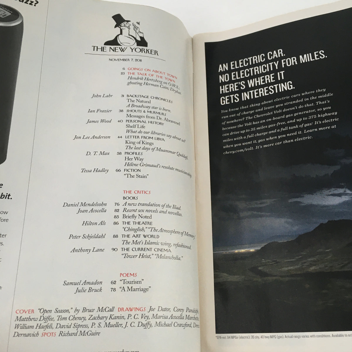 Inside page of The New Yorker Magazine November 7 2011 showcasing the table of contents, featuring various articles and poems, highlighting its contemporary cultural themes.