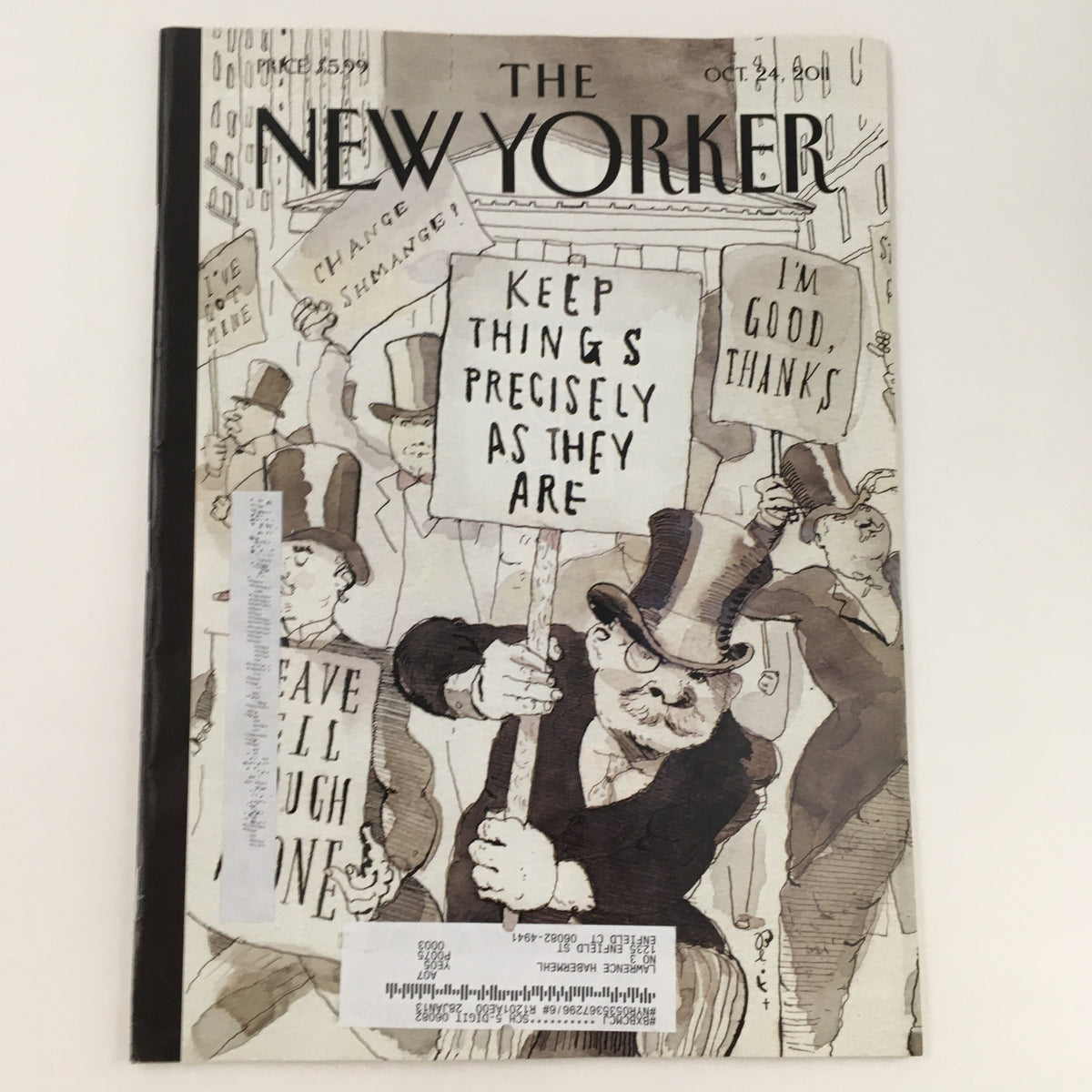The New Yorker Magazine October 24 2011 Theme Art Cover by Barry Blitt featuring a cartoon illustration of men in top hats holding protest signs.