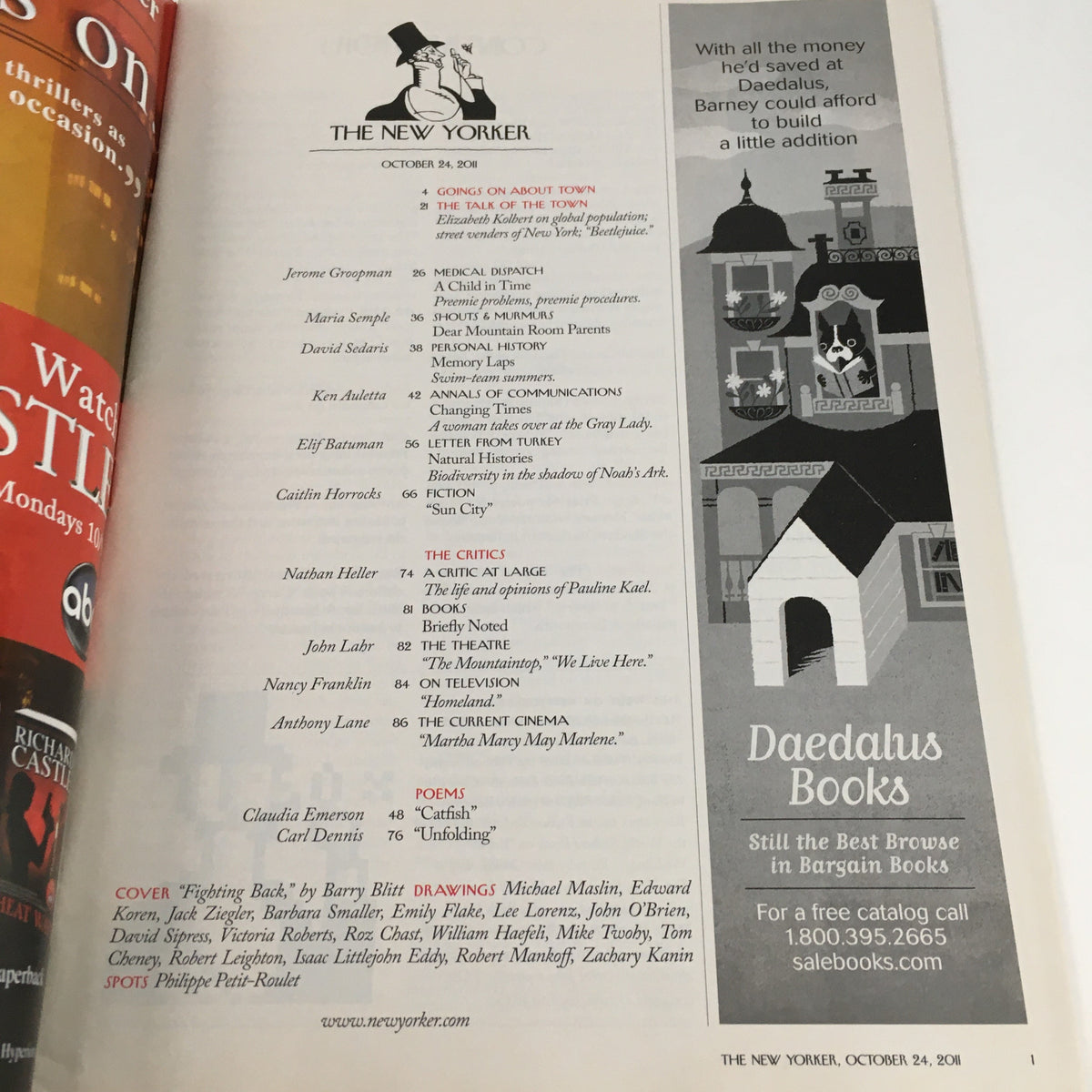 The contents page of The New Yorker Magazine October 24 2011, listing articles and features, showcasing the publication's rich literary offerings.