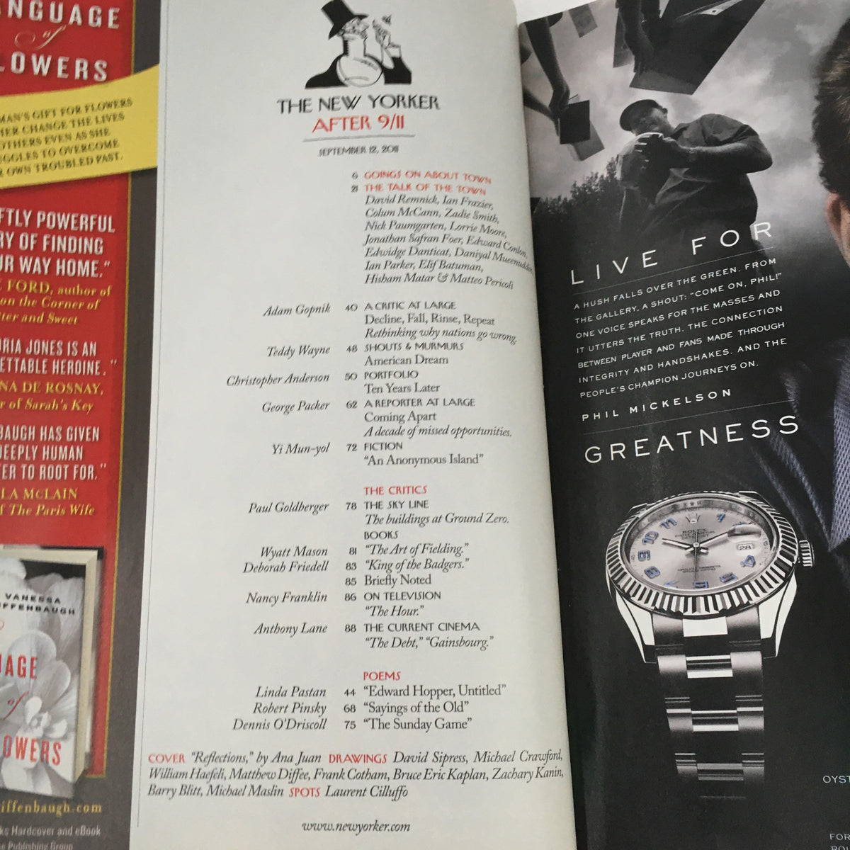 Inside page of The New Yorker Magazine September 12, 2011, featuring content related to the theme after 9/11, showcasing various articles and sections. This issue includes a unique cover art by Ana Juan, labeled as very good condition, highlighting its collectible value.