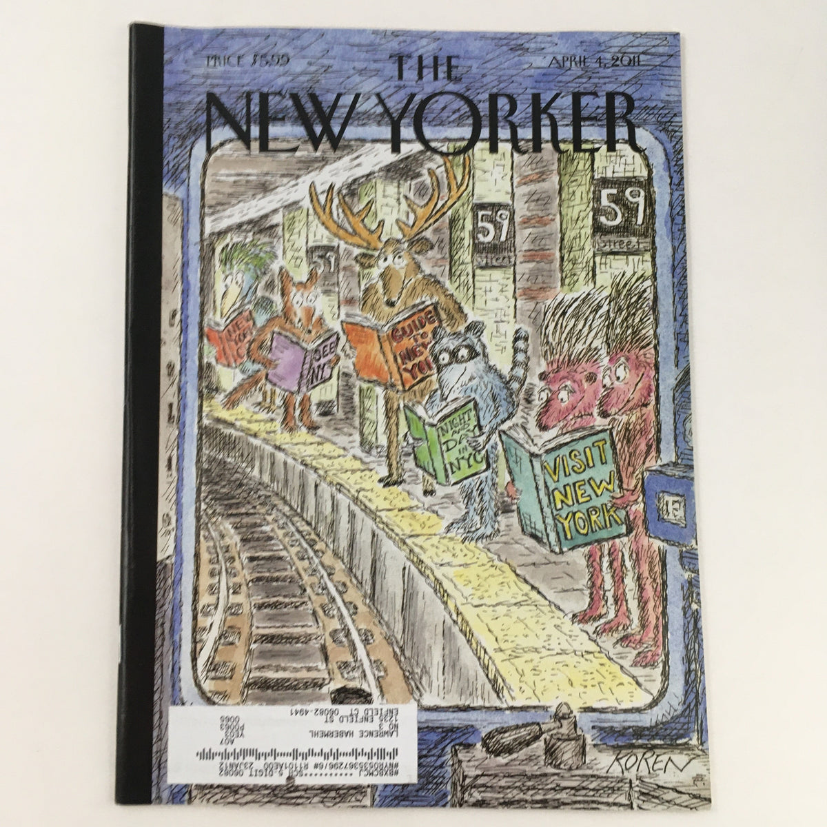 The New Yorker Magazine April 4 2011 Cover featuring theme art by Edward Koren, depicting whimsical characters at a train station, capturing contemporary culture.