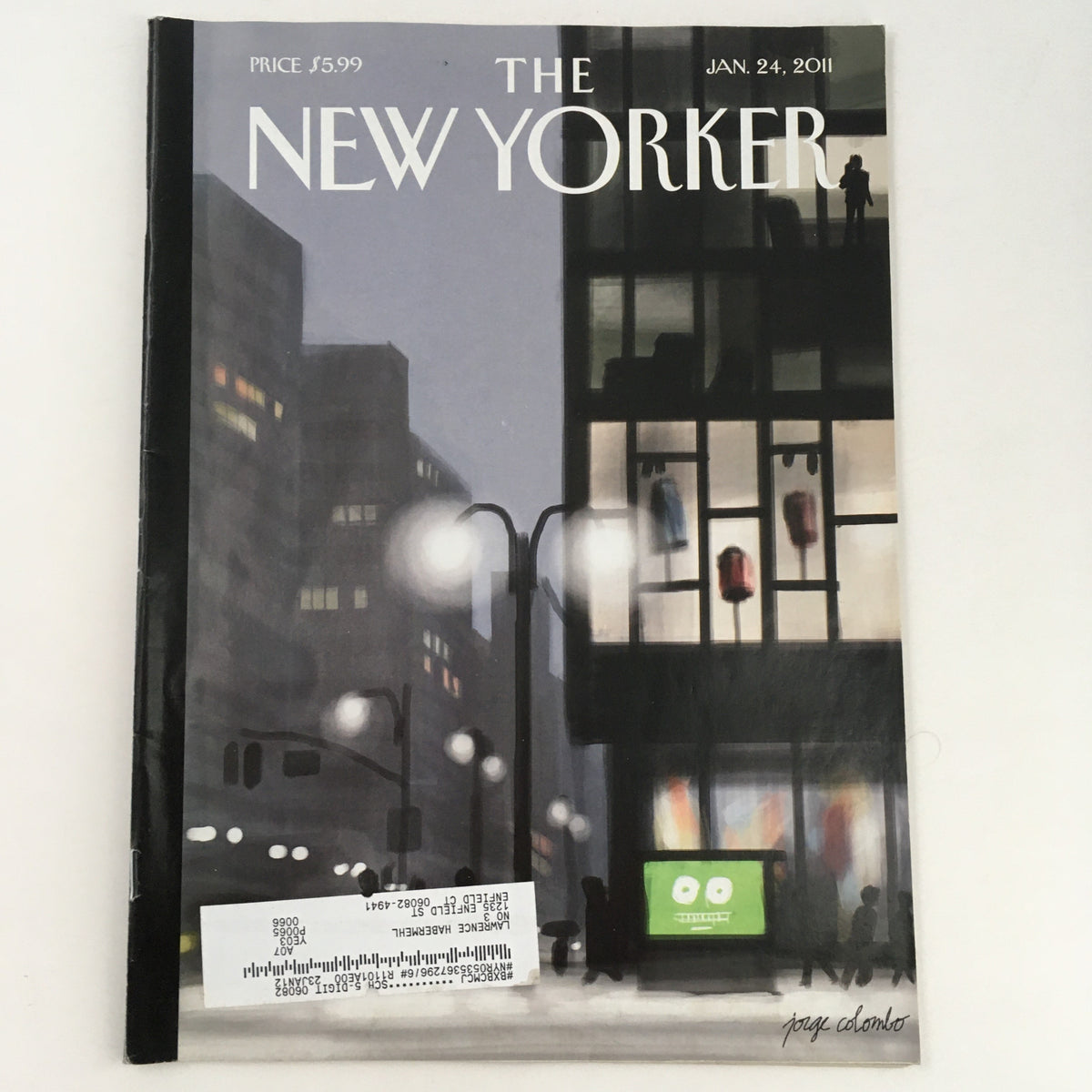 Cover of The New Yorker Magazine January 24 2011 featuring theme art by Jorge Colombo, showcasing a cityscape with blurred figures and lights.