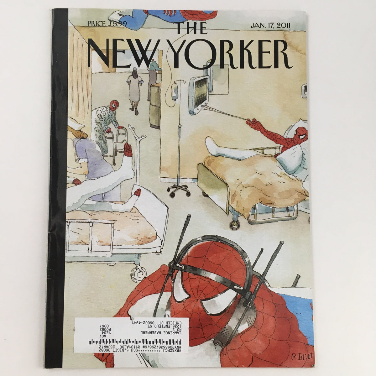 The New Yorker Magazine January 17 2011 cover featuring art by Barry Blitt, showcasing a whimsical illustration with Spider-Man and hospital scenes.