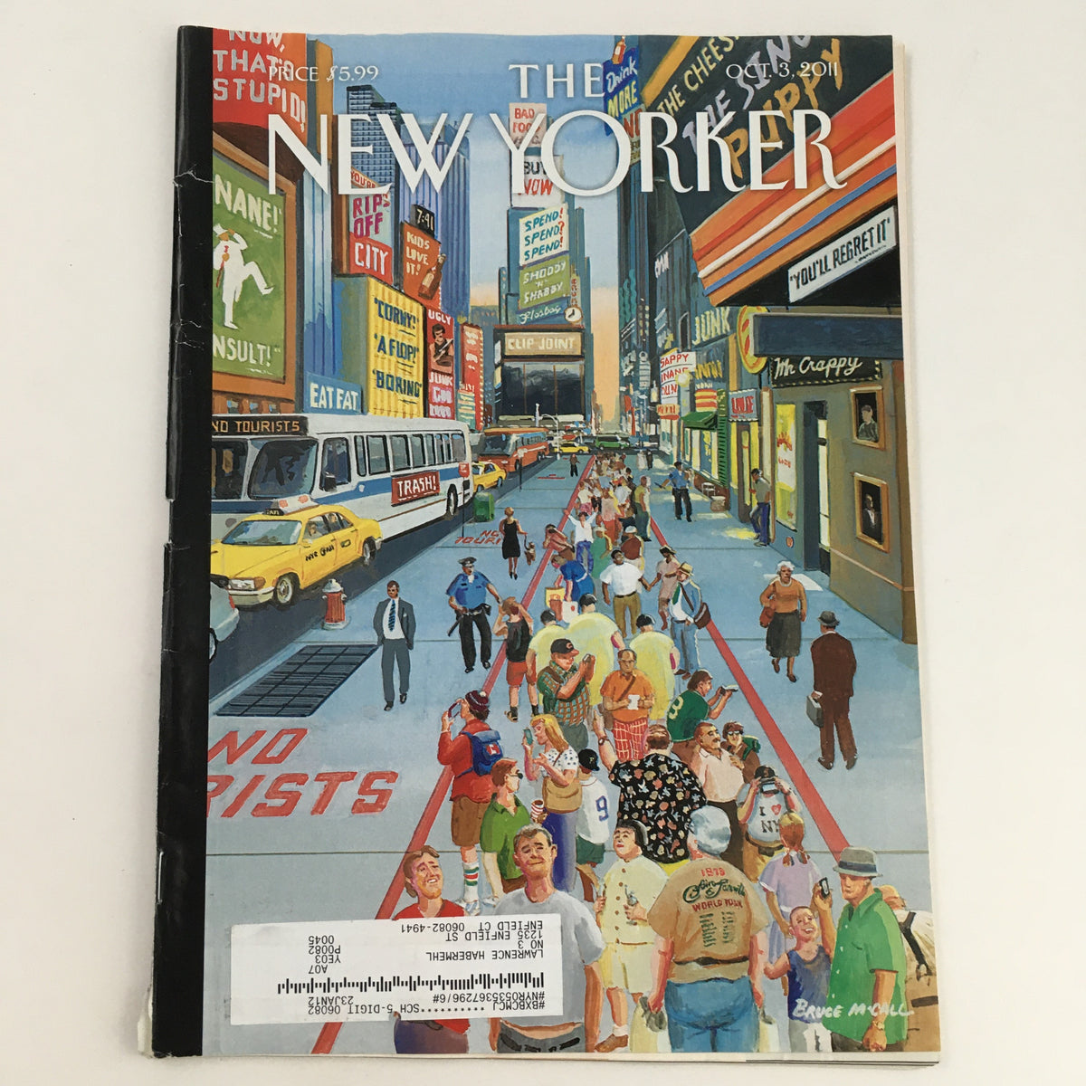 Cover of The New Yorker Magazine October 3 2011, showcasing a vibrant city scene art cover by Bruce McCall featuring pedestrians and bright advertisements.