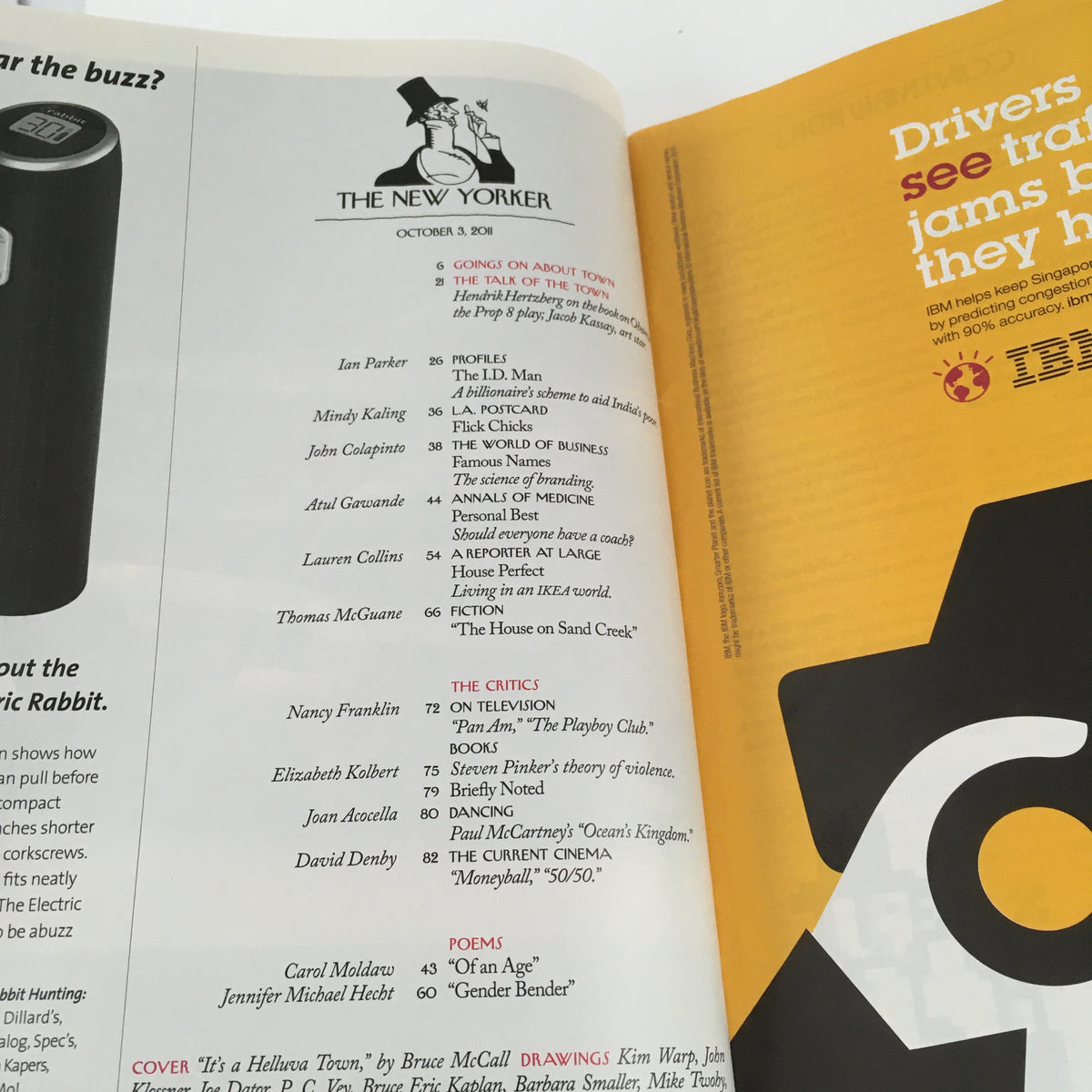 Interior page of The New Yorker Magazine October 3 2011, displaying the table of contents and feature articles, alongside an advertisement.