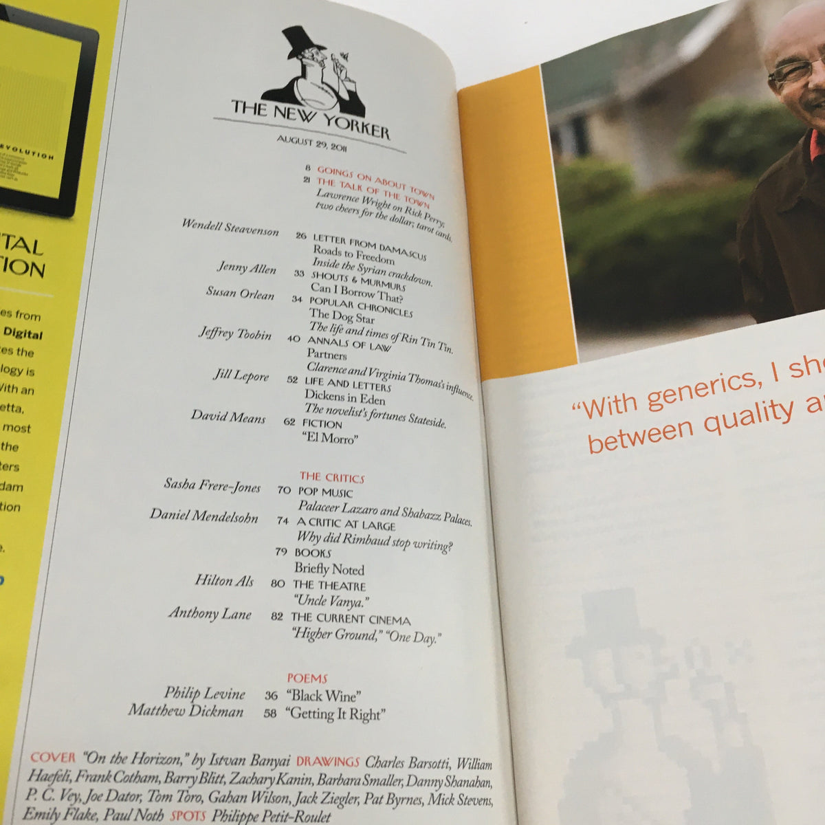 Table of contents from The New Yorker Magazine August 29 2011 featuring contributions from various writers and artists.