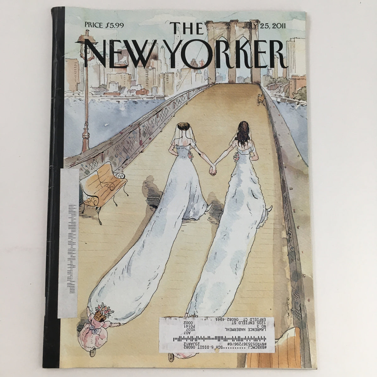 The New Yorker Magazine July 25 2011 cover art depicting a whimsical scene with two brides walking down a city street, created by artist Barry Blitt.