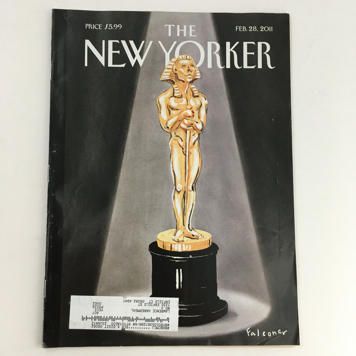The New Yorker Magazine February 28 2011 featuring theme art cover by Ian Falconer showcasing a golden statue resembling an Oscar on a pedestal, highlighting contemporary art.