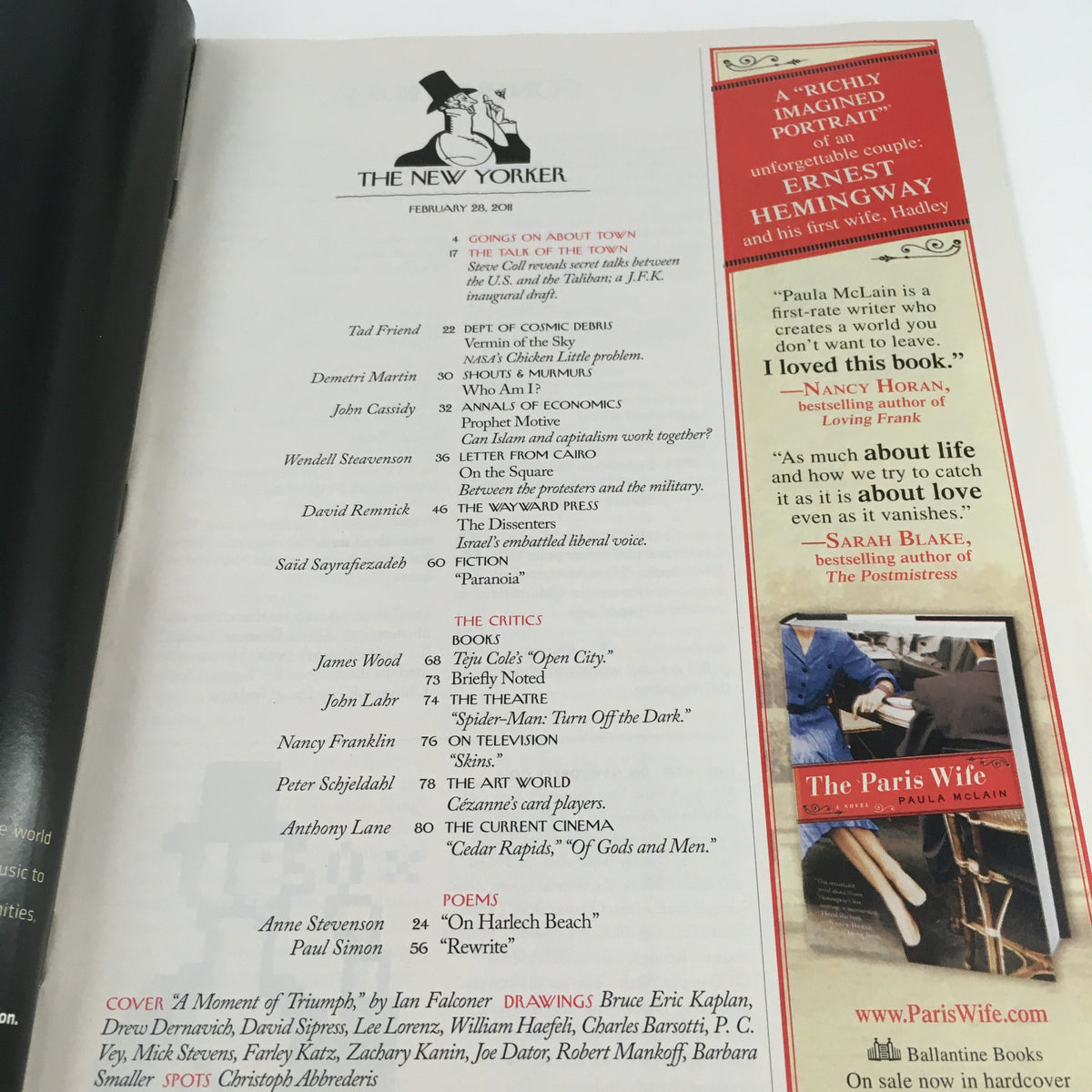 Interior page of The New Yorker Magazine February 28 2011, displaying the table of contents with notable articles and authors, emphasizing the blend of art and journalism.