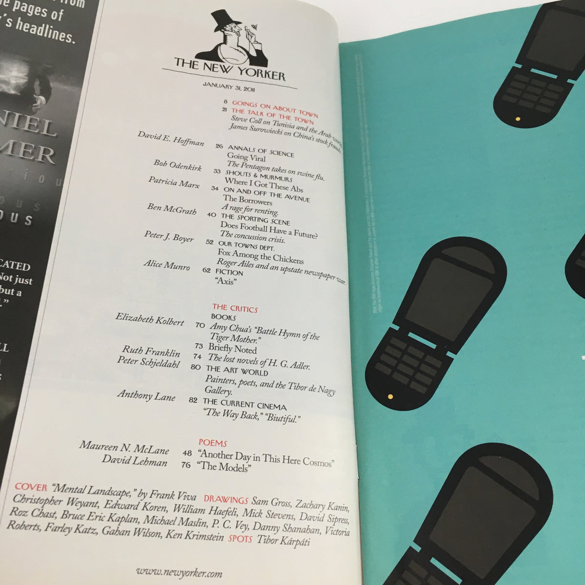 Inside page of The New Yorker Magazine January 31 2011, displaying the table of contents, highlighting articles and illustrations within the issue.