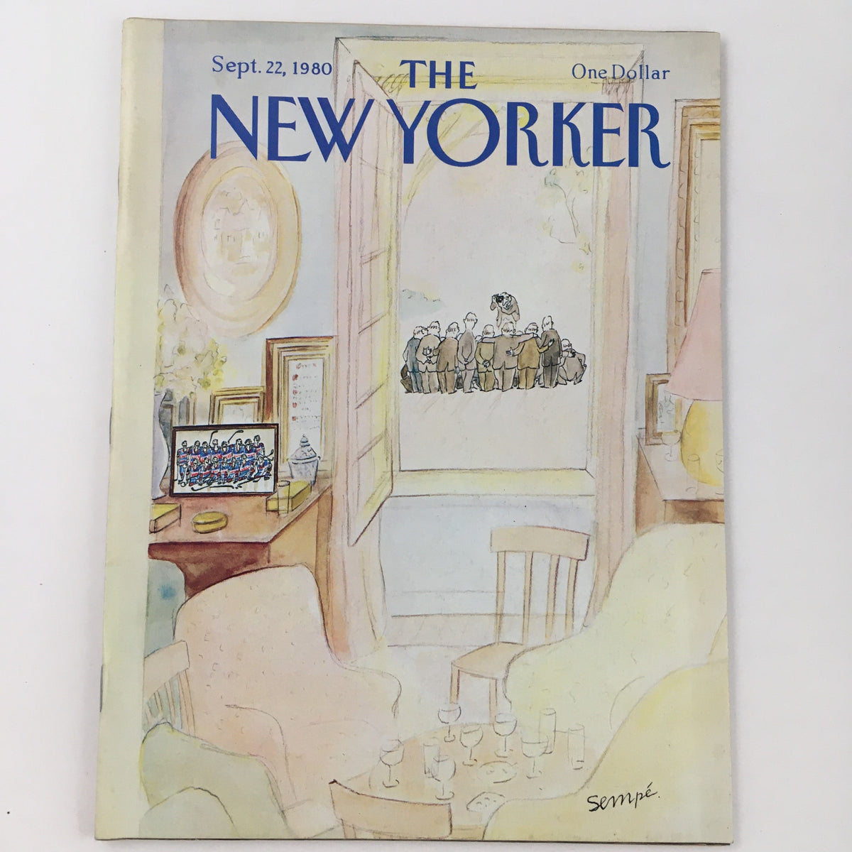 The New Yorker Magazine September 22 1980 cover art featuring whimsical illustration by J. J. Sempé, depicting an interior scene with a view of people gathered outside, showcasing the magazine's classic design and artistic significance.
